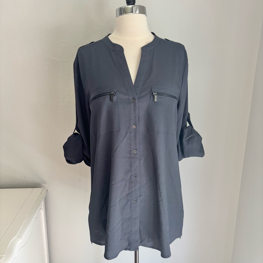 Calvin Klein Slate Blue Collarless Button Down Zipper Pocket Epaulet Blouse, L